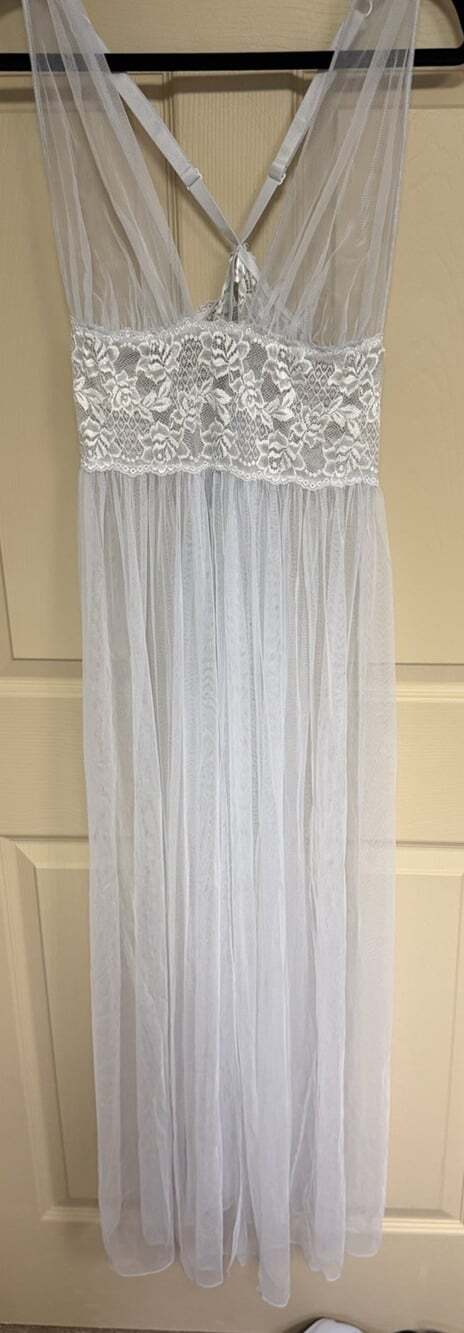Dreamgirl Sheer Lace Mesh Babydoll Chemise Nightgown 1XL White Blue Romantic
